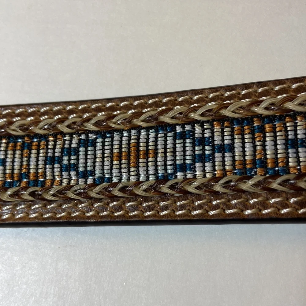 Ariat Brown Leather Boys Western Belt Tapestry Strap Inlay Silvertone Medallion